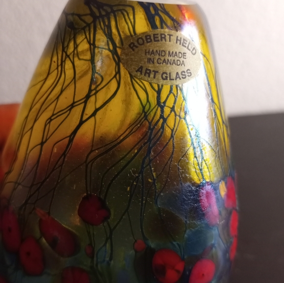 STUNNING Robert Held Canada Handpainted Blue Stretch Art Glass 5" Bud Vase. - Picture 3 of 6